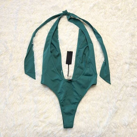 NEW Kendall & Kylie Deep Plunge Halter One Piece Swimsuit in Dusty Jade - Picture 6 of 10